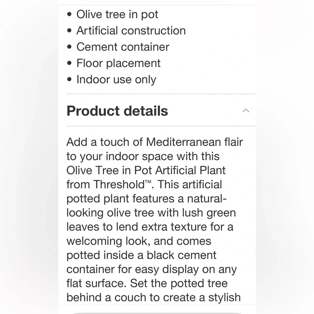 THRESHOLD NWT faux olive tree in pot -green/black -30”